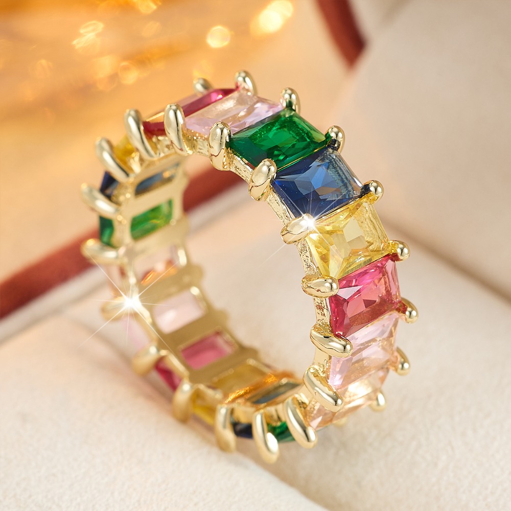 Vibrant Multicolored Rectangular Zirconia Ring, Engagement Ready